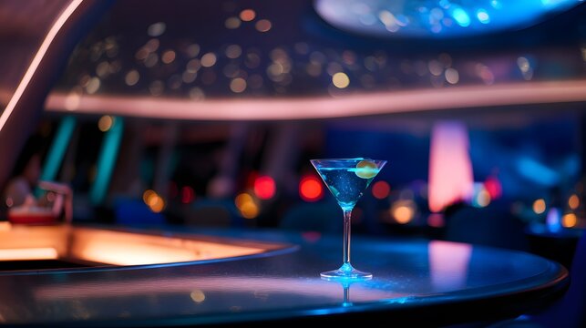 Futuristic lounge bar design showcases neon lighting a cosmic martini evoking modern luxury and high tech innovation