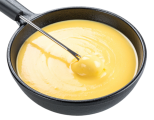Cheese fondue in a black pot isolated on white background, transparent PNG