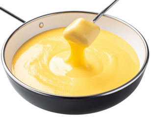 Cheese fondue in a pot isolated on white background, transparent PNG