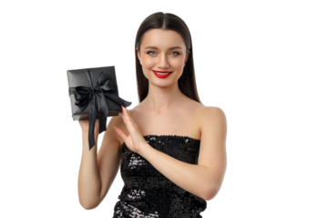 Woman smiles with wrapped gift for Black Friday, isolated, PNG