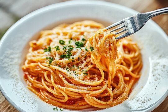 A plate of spaghetti with a fork twirling the noodles, topped with grated cheese and sprinkled with parsley, set against a rustic wooden table. - Powered by Adobe
