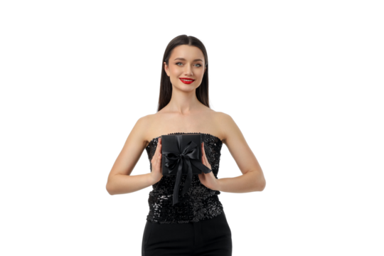 Woman with a bow-wrapped gift for Black Friday, isolated, PNG