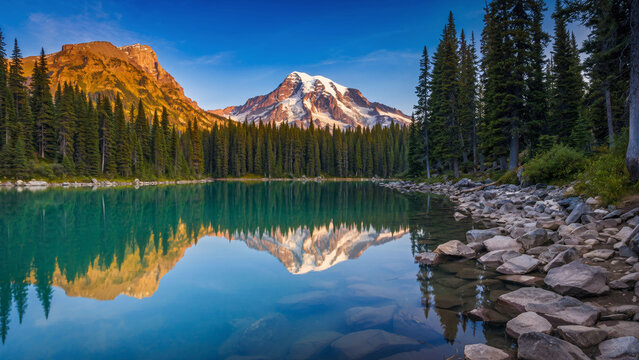 Majestic Mountain Lake With Reflective Blue Water Surrounded by Pine Forest and Snow-Capped Peaks