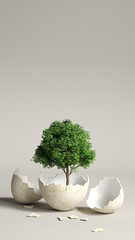 A small green tree growing out of a broken eggshell on a light background, symbolizing new life.