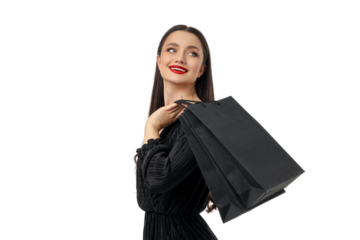 Woman smiling joyfully while holding shopping bags, isolated, PNG