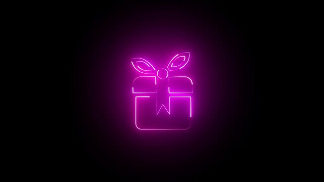  Abstract Christmas gift box icon neon glowing animation on black background .