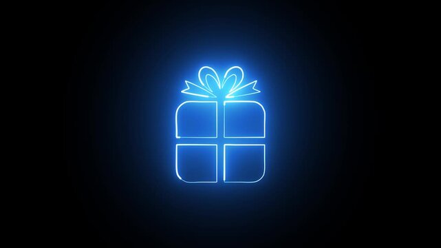 Christmas gift box icon neon glowing animation on black background .