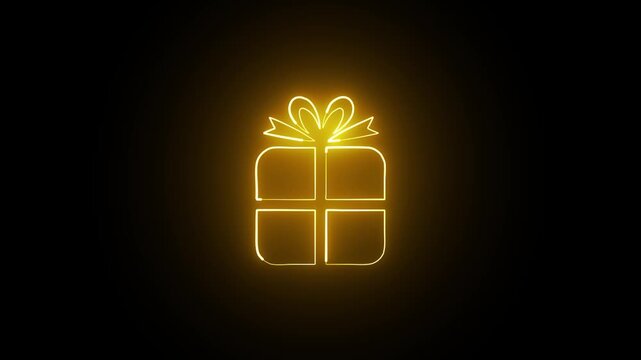 Christmas gift box icon neon glowing animation on black background .
