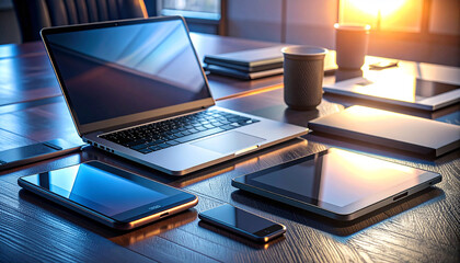 Tech Synergy: A modern office setup features an array of devices, including laptop, tablets, and smartphones, arranged on a sleek wooden surface. The scene is illuminated by soft light.