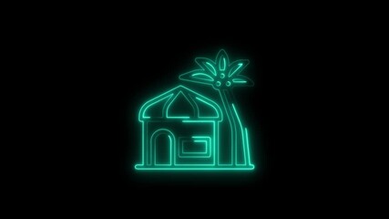 Teal neon hut and palm tree icon on black background tropical island - Powered by Adobe