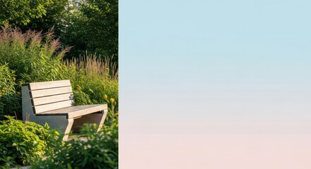Secluded Garden Bench, a tranquil escape amidst lush greenery and soft sky