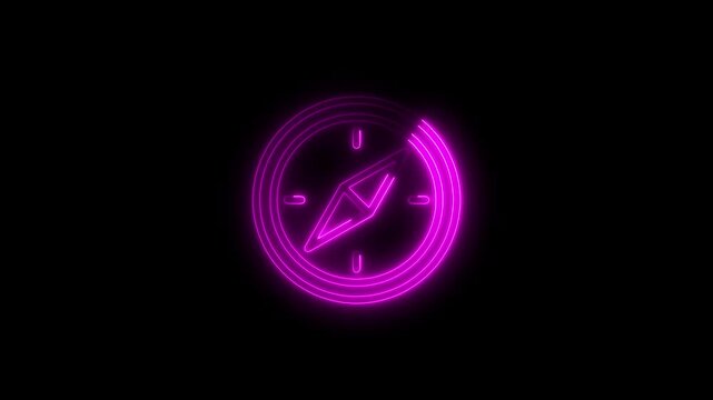 Pink neon compass icon on black background navigation direction