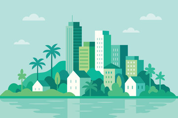 Obraz premium Tropical cityscape with modern skyscrapers and traditional houses