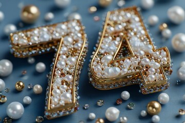 Glittering Decorative Numbers with Pearls and Gems on Blue Surface