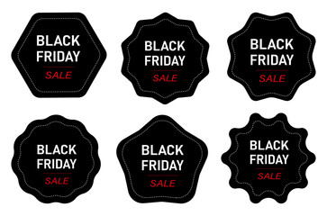 Black Friday sale badge set with spiked and wavy star shapes on white background for discount and marketing design