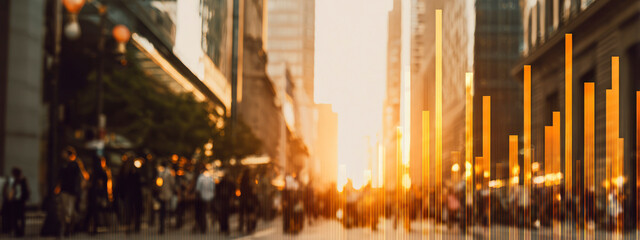 Golden data bars rising over futuristic city skyline, representing digital finance, growth, analytics, and innovation concept. banner 