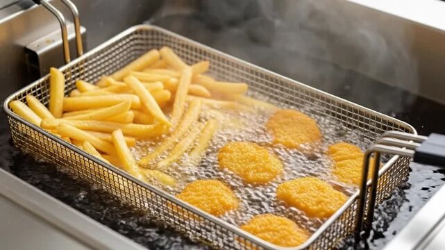 Golden Chicken Nuggets and French Fries Frying in Hot Oil in Commercial Deep Fryer Basket