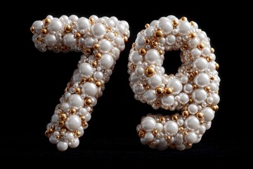 Textured Number Design with Pearls and Golden Spheres on Black Background