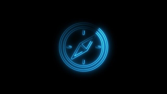 Blue neon compass icon on black background navigation direction