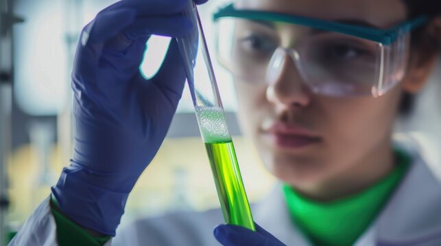 A young Caucasian woman with brown hair examines a test tube containing green liquid in a laboratory. She wears safety goggles and blue gloves.