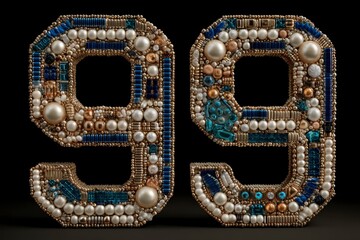 Decorative Beaded Numbers 99 with Gems and Pearls on Dark Background