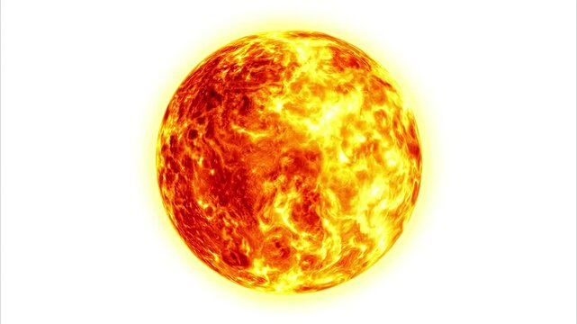 Sun star with flares and magnetic fields close-up isolated on white background.