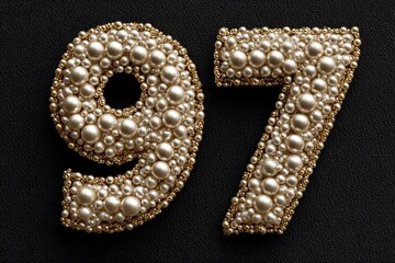 Decorative numeral 97 made of pearls and gold beads on texture