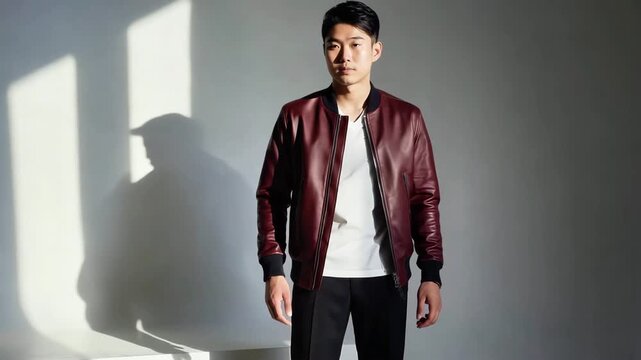Male young asian model stylish, fashionable burgundy bomber jacket and black trousers. Clothes mockup. Advertising for marketplaces and online stores selling casual, comfortable clothing