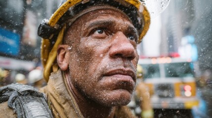 Close-up portrait of a firefighter in a moment of focused determination, his face glistening with ice crystals during a blizzard.