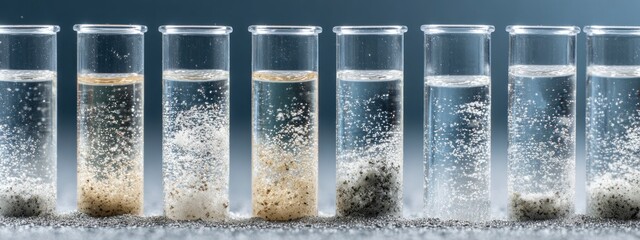 Close-up of scientific test tubes filled with marine sediment samples in a laboratory setting. Concept of deep sea research, geology, science, and environmental studies. banner