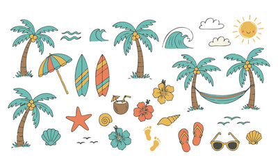 Playful hand-drawn summer paradise doodle icon set. Tropical beach elements in sketch style with crayon and marker texture. Joyful vacation graphics in bright colors, boho coastal theme