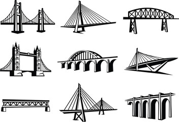 Collection of diverse bridge architectural designs in a graphic illustration style with black ink on white background
