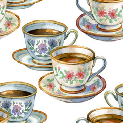 Seamless watercolor pattern with vintage tea cups and floral motifs, cozy hand-painted design, cottagecore background for kitchen decor, fabric and wrapping paper