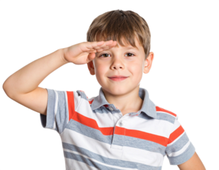 Boy saluting, isolated on white background, transparent PNG