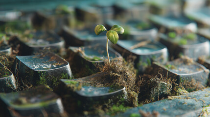 Cyborg in cyberpunk ruins checking device, mechanical structure with abandoned vehicle showing future technology