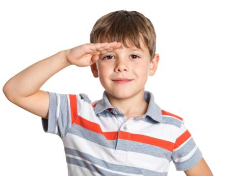 Boy saluting, isolated on white background, transparent PNG