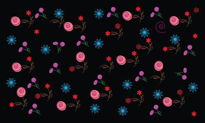 spring flower vector icon set, beautiful nature background for kids, hand drawn floral elements with leaves doodle on black background