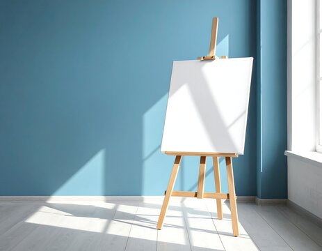 Empty canvas on wooden easel in a room with blue walls and sunlight