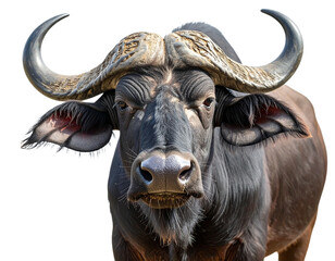 Close-up of a Cape buffalo head isolated on white background, transparent PNG