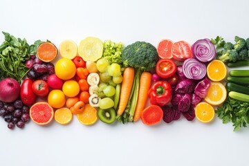 A vibrant array of fruits and vegetables, arranged in a visually appealing manner, creating a sense of abundance and health.