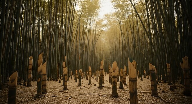 Sunlight filtering through a dense bamboo forest with carved wooden totems.