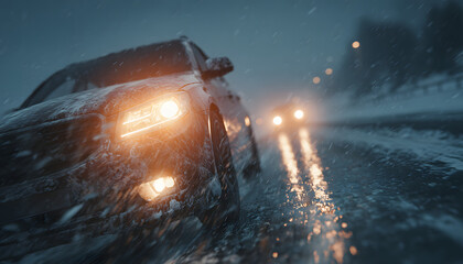 Obraz premium Car headlights illuminate a wet icy road during a winter snowfall. Driving is hazardous with slippery conditions after freezing rain. Traveling safely is key.
