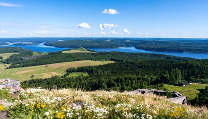 Sunny landscape view with ruins, lake, and forest