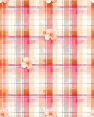 Elegant floral pattern with soft pink flowers on a gentle plaid background, perfect for fabric, wall decor, or stationery designs.