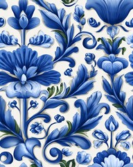 Vibrant blue floral pattern showcasing intricate details and artistic design, perfect for fabric, wallpaper, or decorative use.