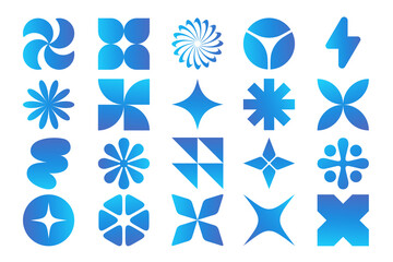Y2K abstract geometric shapes set. Collection of modern futuristic brutalist icons, blue gradient stars and flowers for graphic design elements, png