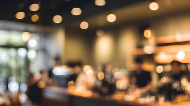 Cozy cafe interior soft light evokes modern ambiance with blurred figures enjoying warm drinks