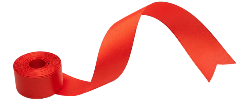 A single roll of bright red satin ribbon unfurling in a graceful curve isolated on transparent background