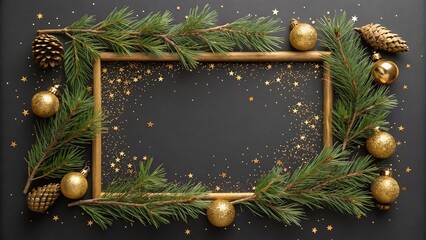 Minimal christmas mockup with elegant golden ornaments pine border and copy space on black background.