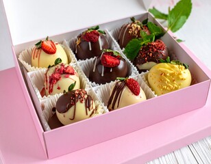 Assortment of Chocolate Dipped Strawberries and Other Fruit Treats in a Gift Box